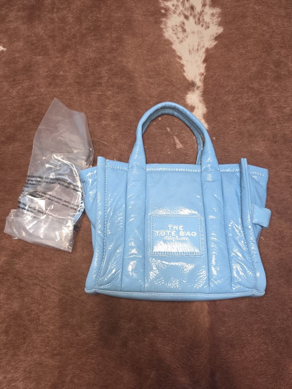 Marc Jacobs The Shiny Crinkle Mini Leather Tote Air Blue NWOT W/ Wrapped Strap